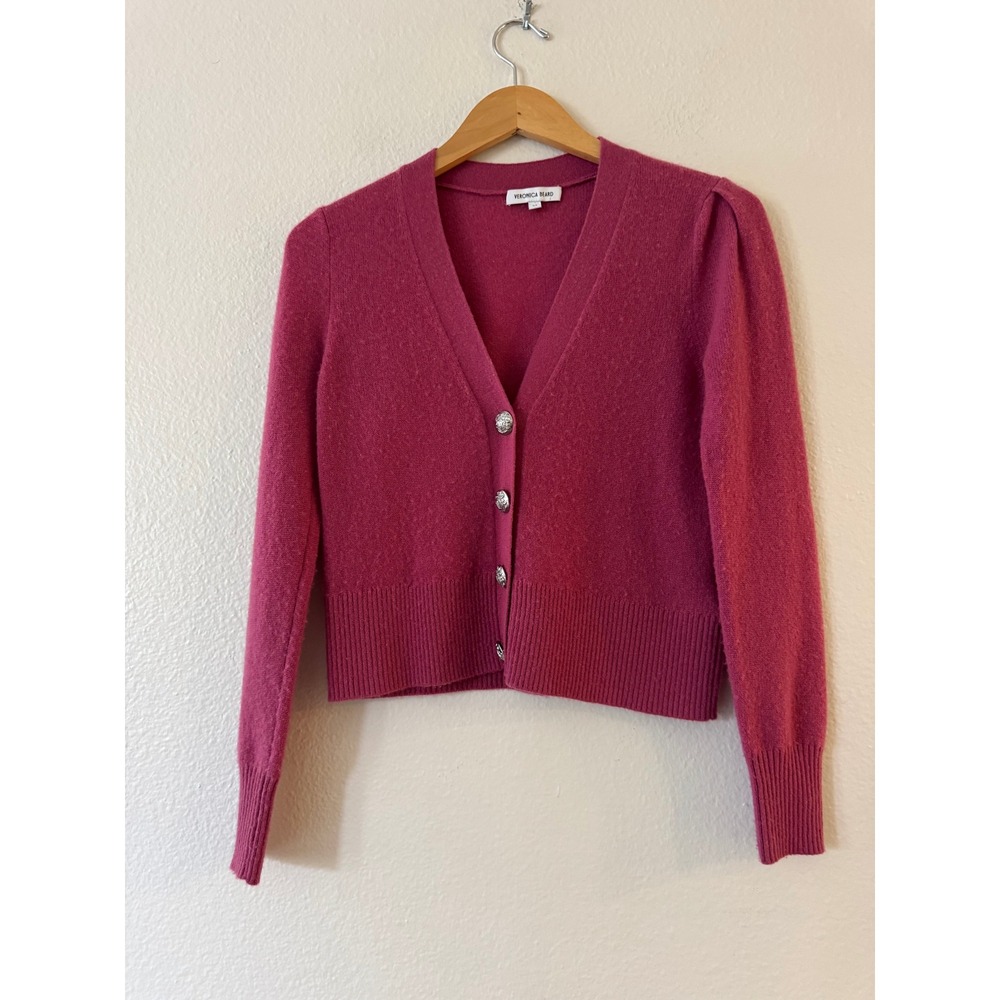 Veronica Beard Cashmere Cardigan Puff Shoulder Crest Button XS Pink Magenta Good